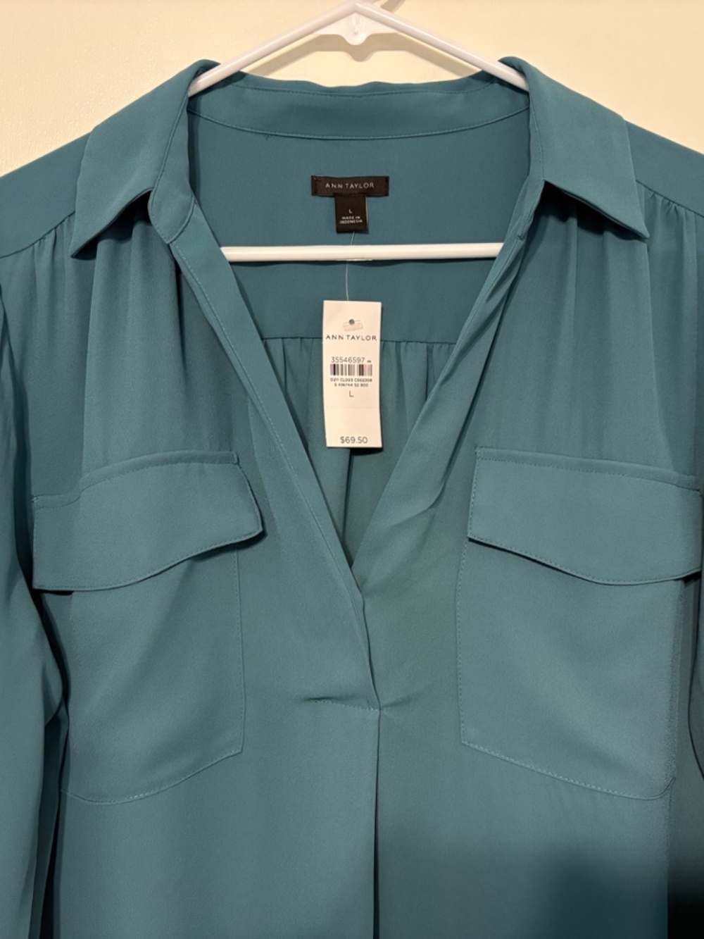 Ann Taylor Women's L/S Split-Neck Popover Camp Shirt Top Blouse L Teal NWT - Picture 2 of 9